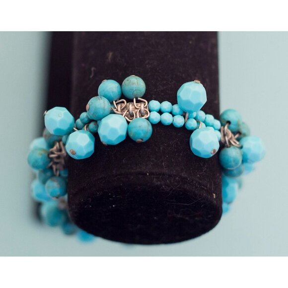 Vintage Blue Beaded Flexible Bracelet E15 - Picture 2 of 3